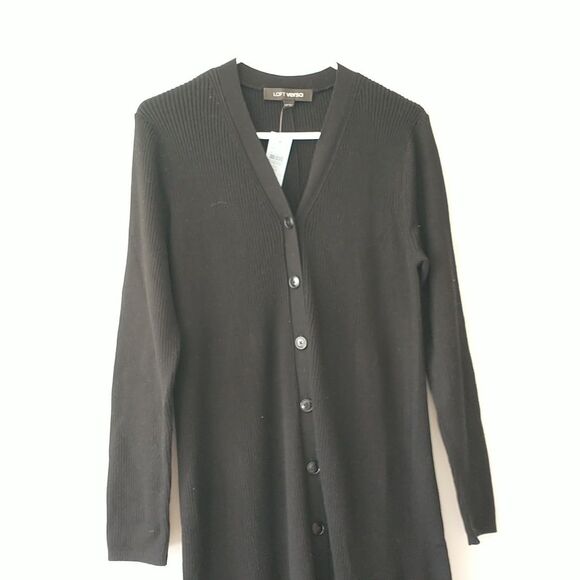 Loft Versa Sweater Maxi Dress PXL Petite Black Rib Knit V Neck A Line Button New - Picture 3 of 11